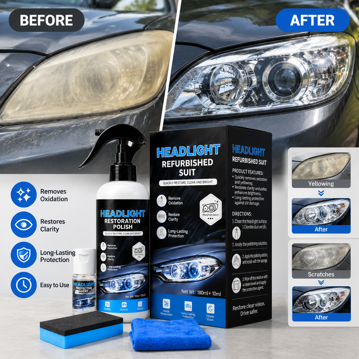 Before and after headlight restoration
