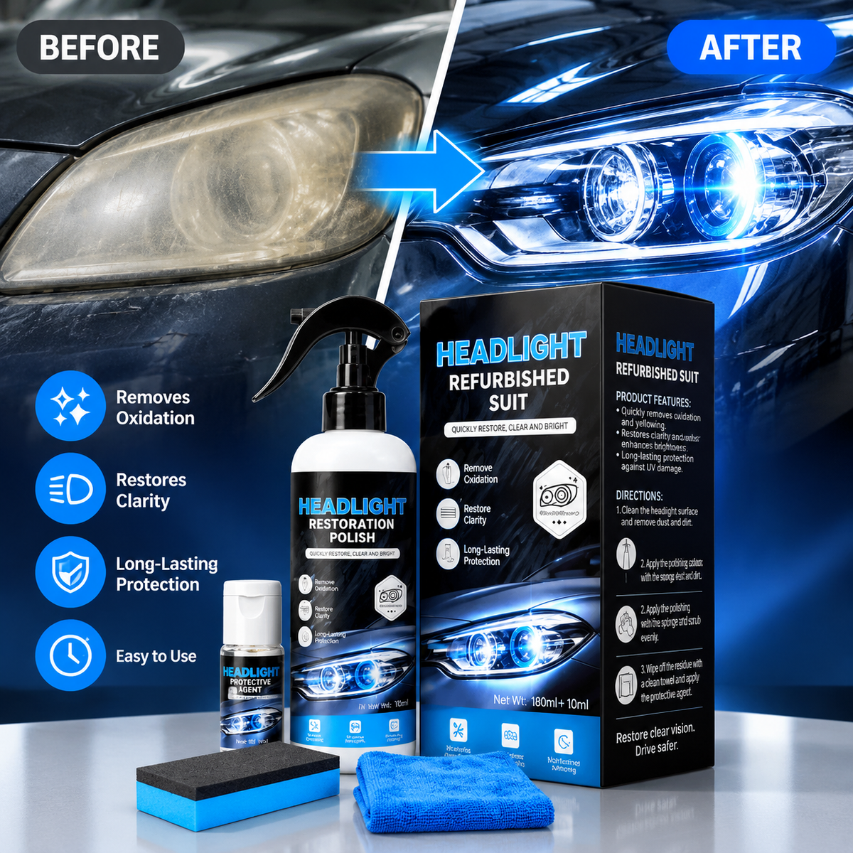 Automotive Headlamp Restoration Fluid before and after