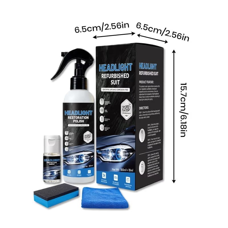 Automotive Headlamp Restoration Fluid dimensions and kit